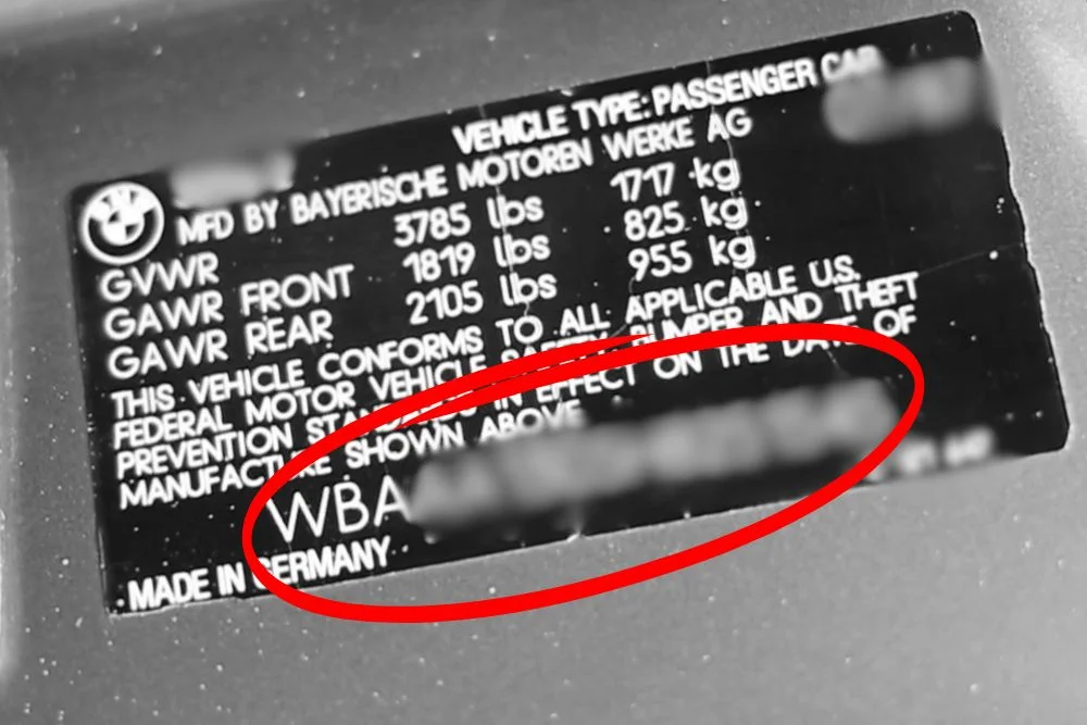 Typical VIN number locations on a BMW (dashboard, door jamb, engine)